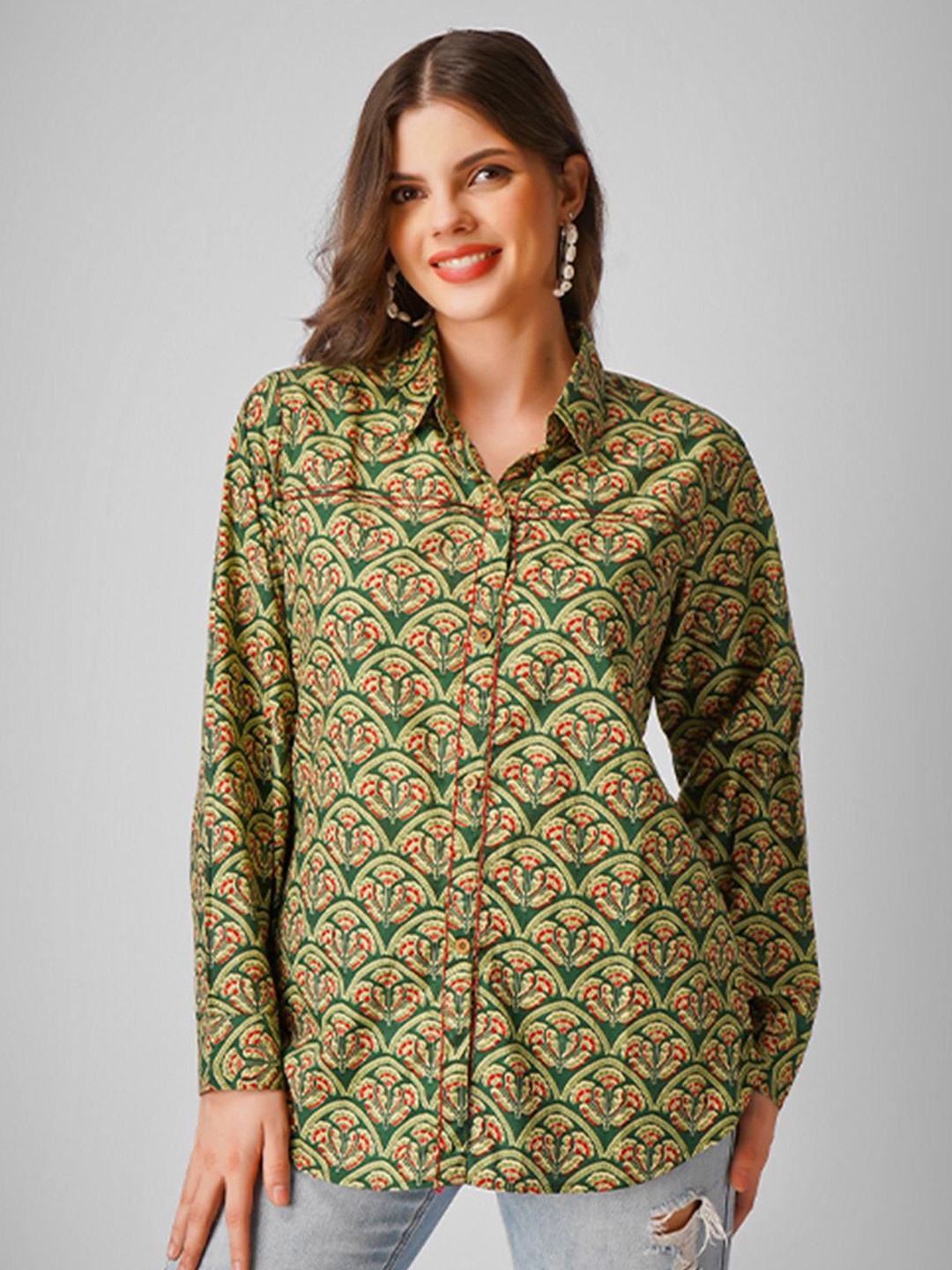 

UNLOKALE Women Floral Print Cotton Shirt Style Top, Green