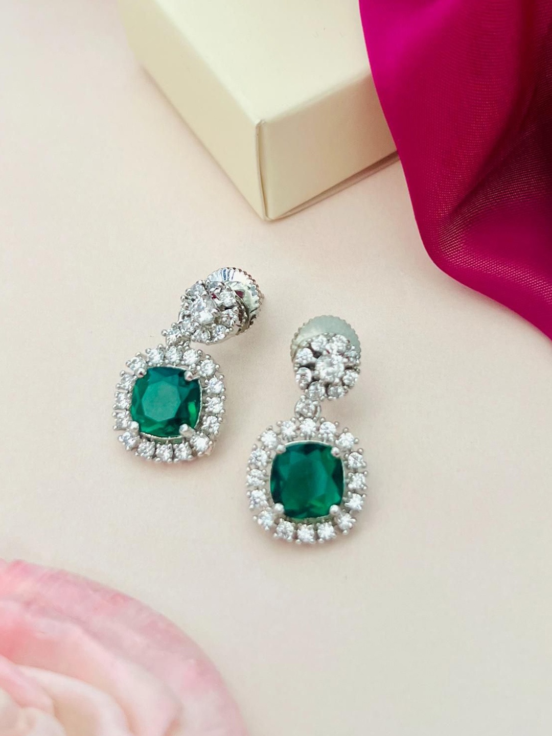 

ABDESIGNS Silver-Plated American Diamond Studded Drop Earrings