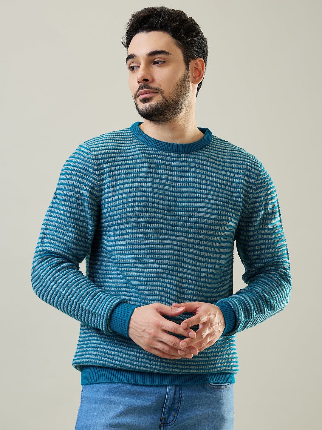 

TIM PARIS Men Striped Pullover, Green