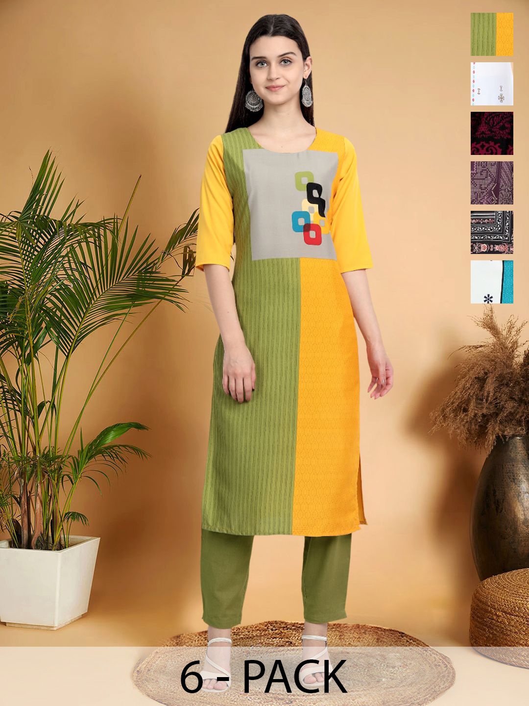 

7Threads Selection Of 6 Colourblocked Printed Round Neck Kurtas, Yellow