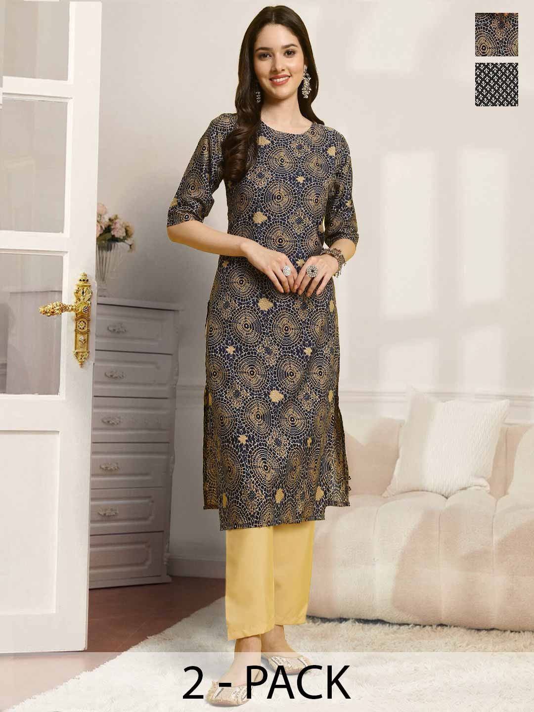 

7Threads Selection Of 2 Ethnic Motifs Printed Straight Kurtas With Trousers, Navy blue