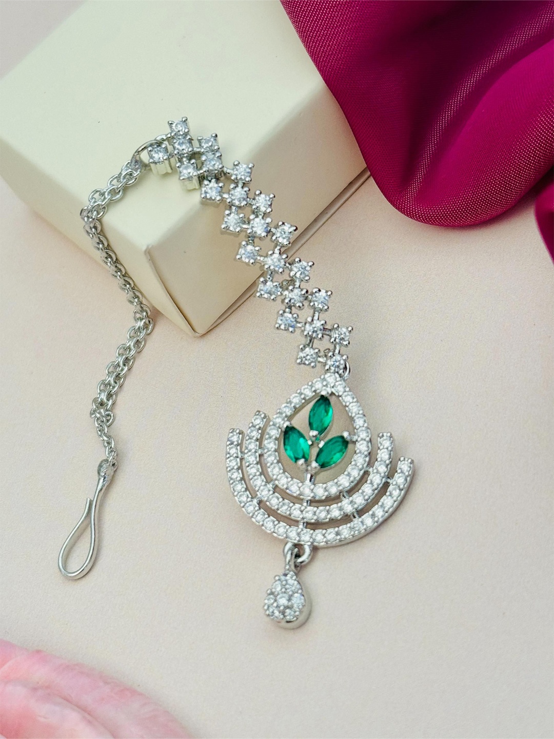 

ABDESIGNS Silver-Plated American Diamond Studded Maang Tikka