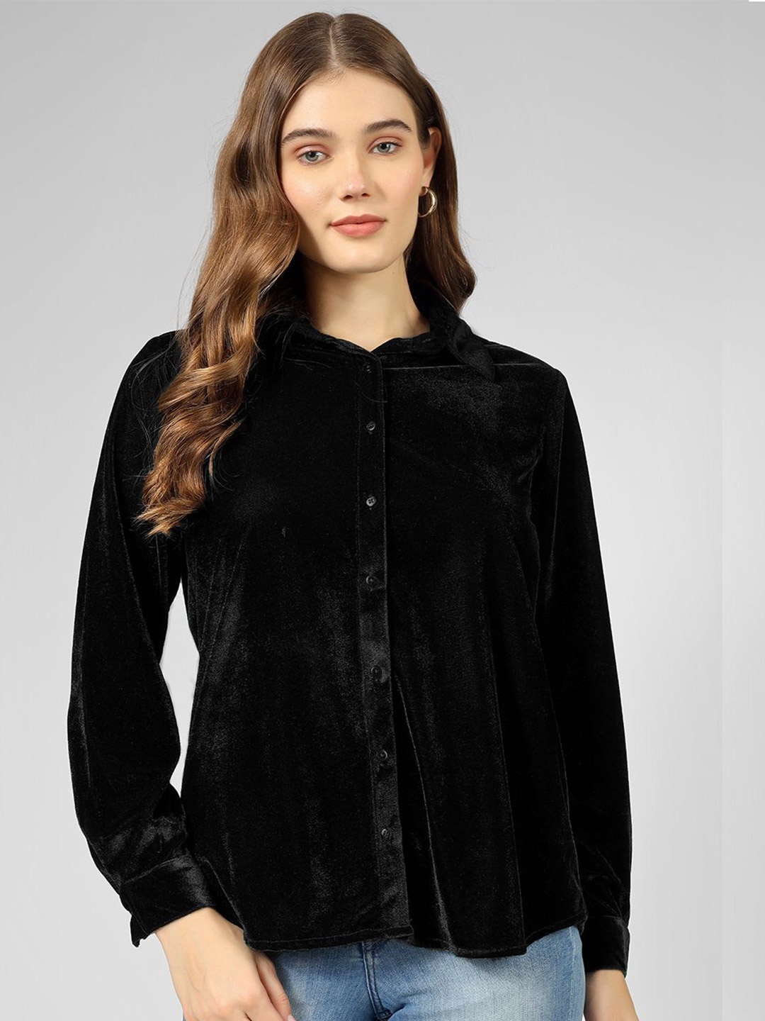 

UNLOKALE Women Velvet Shirt Style Top, Black