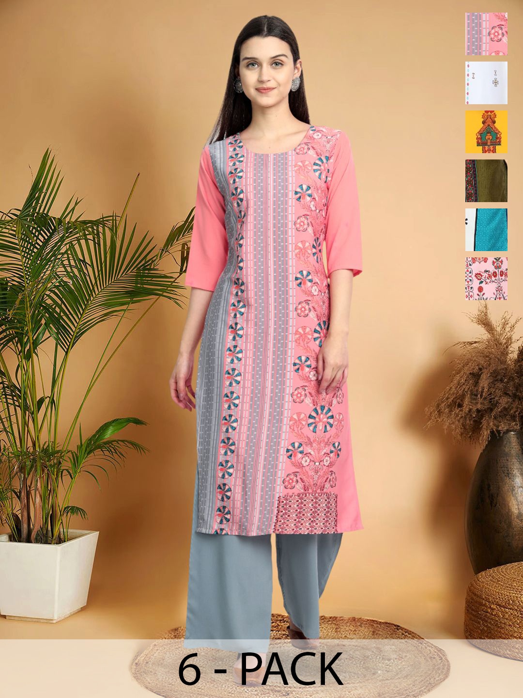 

7Threads Selection Of 6 Ethnic Motifs Printed Round Neck Straight Kurtas, Pink