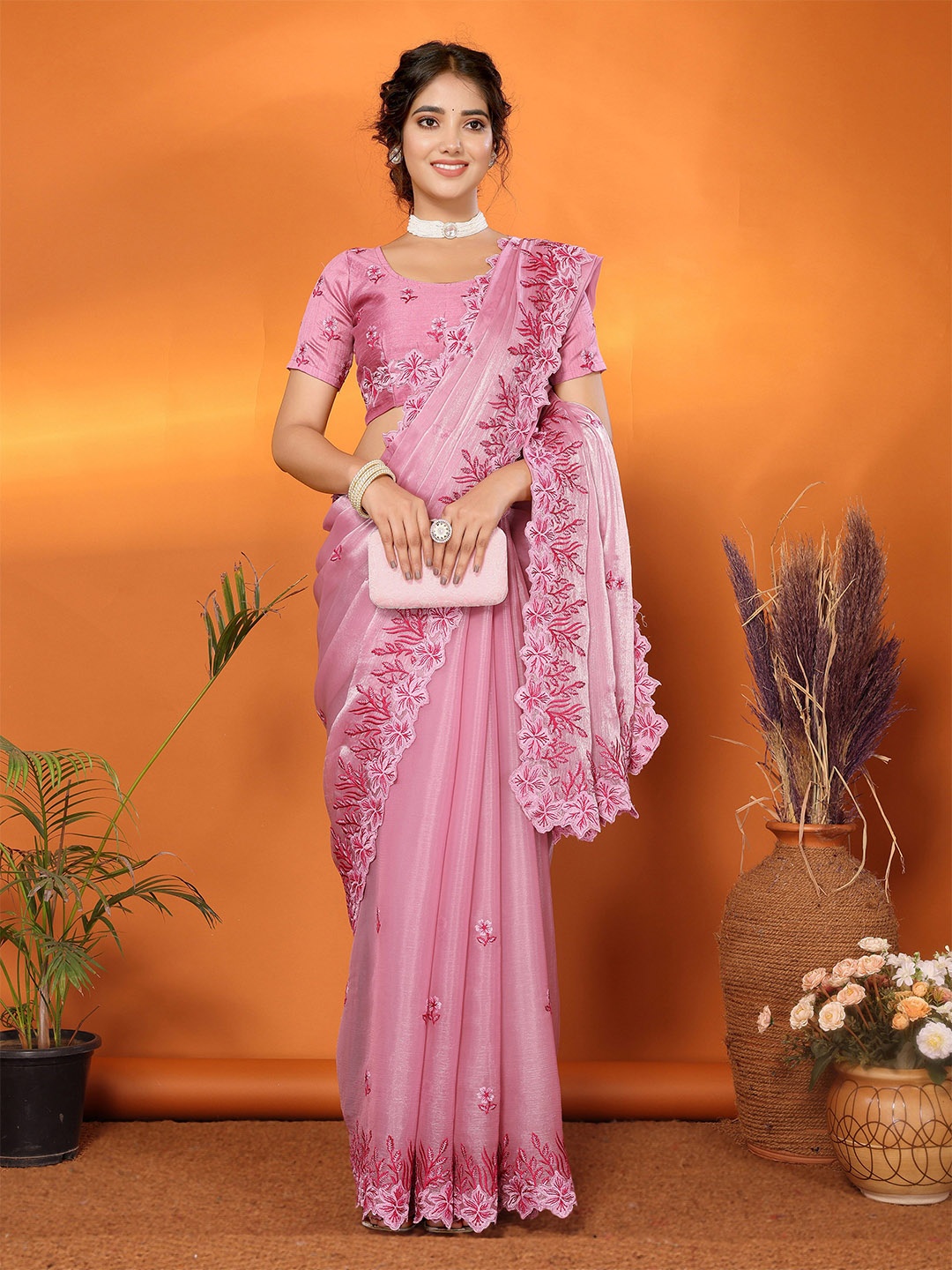 

A.V.M. SILK MILLS Ethnic Motifs Embroidered Saree, Pink