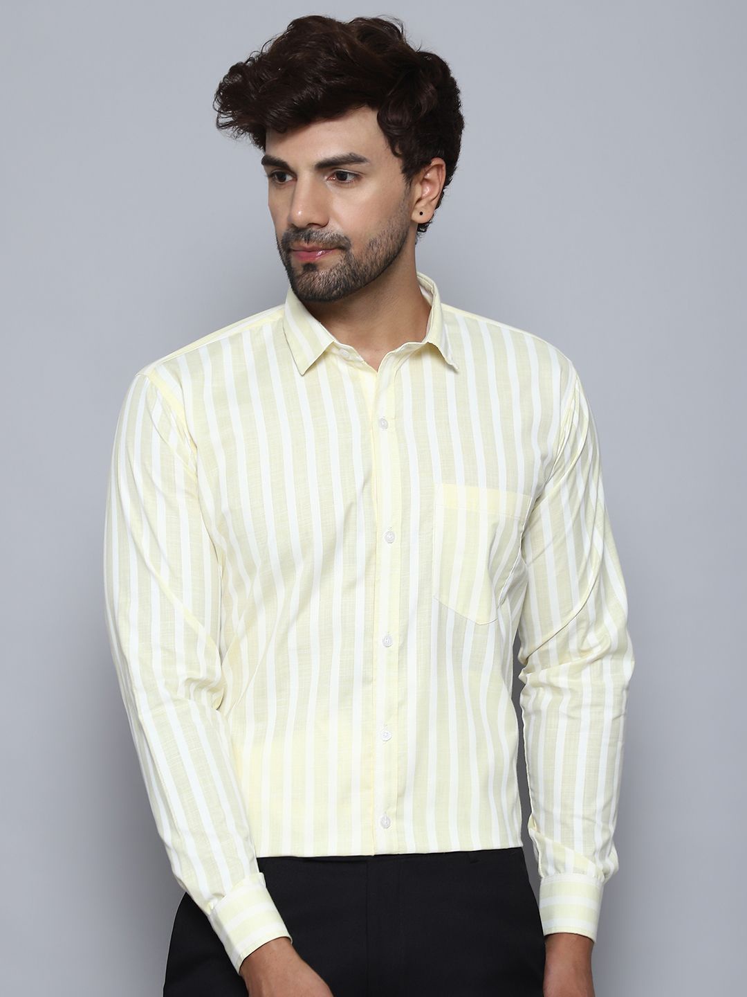 

BANHUSSAIN Men Opaque Striped Party Shirt, Yellow