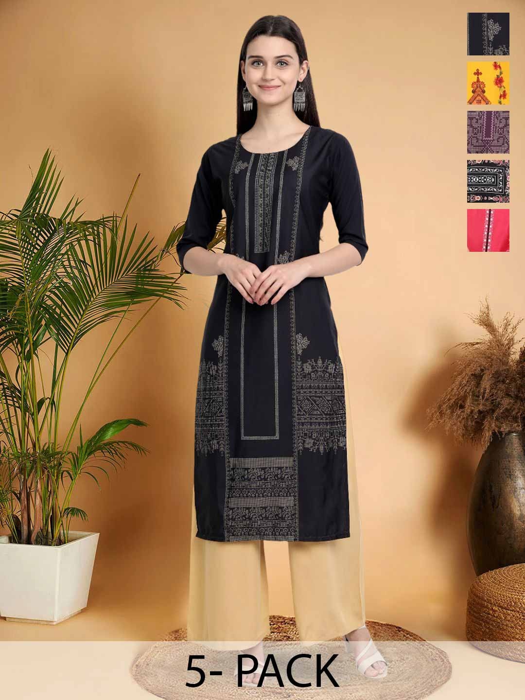

7Threads Selection Of 5 Ethnic Motifs Printed Round Neck Straight Kurtas, Black