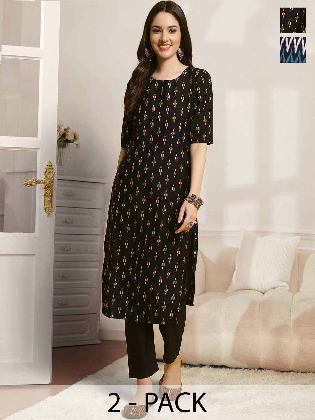 

7Threads Selection Of 2 Geometric Printed Round Neck Straight Kurta With Trousers, Black