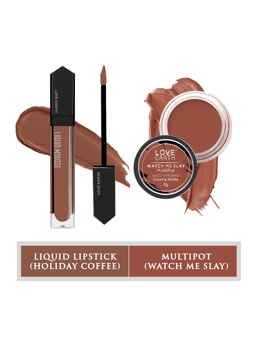 

LOVE EARTH Set of Liquid Mousse Matte Lipstick 6 ml + Watch Me Slay Multipot 8 g, Brown