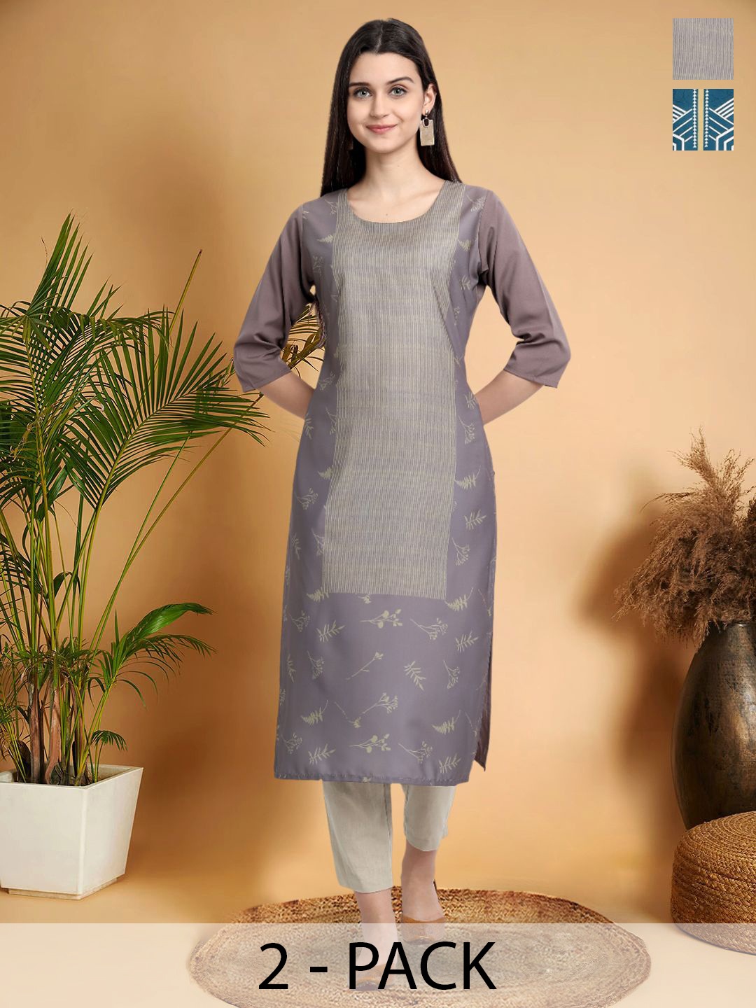 

7Threads Selection Of 2 Floral Printed Straight Kurtas, Grey