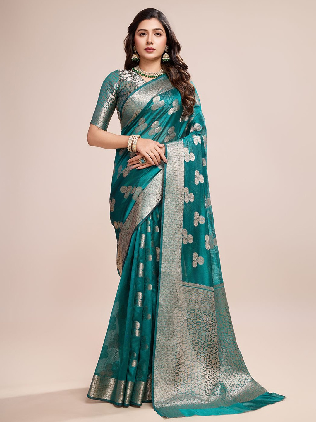 

Melok Woven Design Zari Organza Banarasi Saree, Green