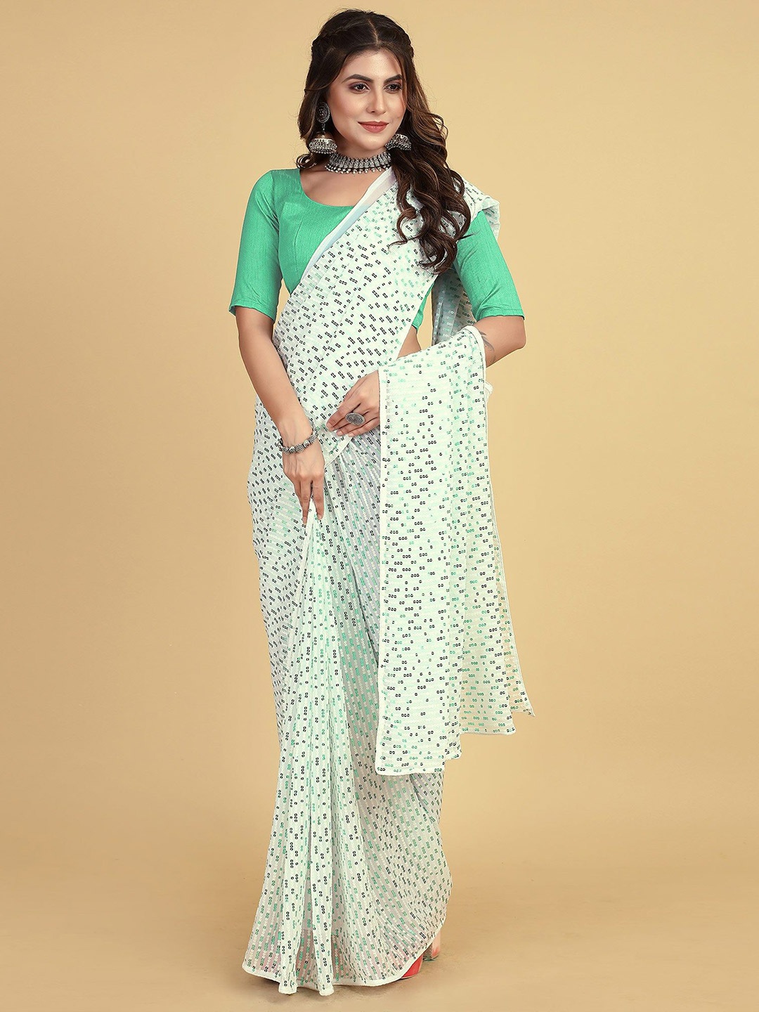 

Peachmode Embellished Sequinned Pure Georgette Saree, White