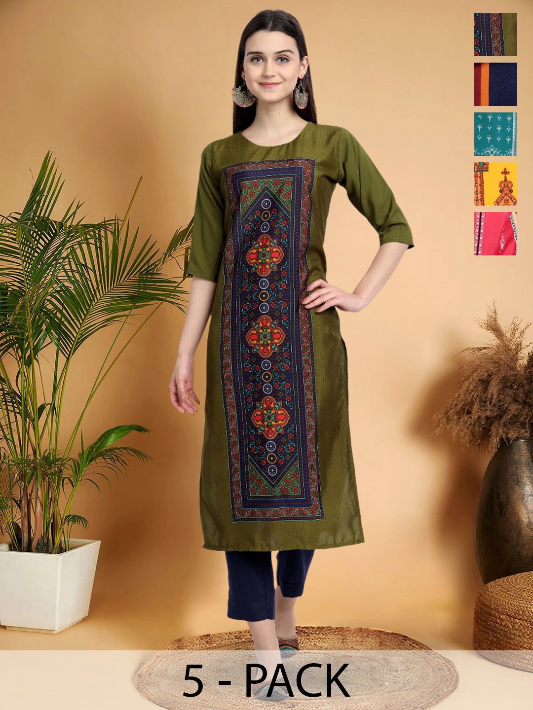 

7Threads Selection Of 5 Ethnic Motifs Printed Round Neck Straight Kurtas, Green