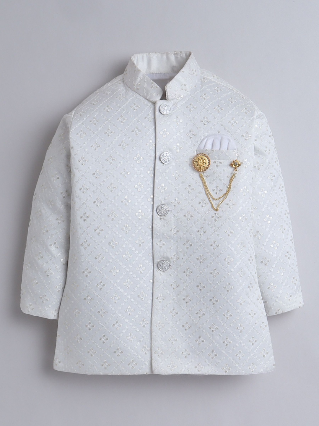 

ahhaaaa Boys Sequinned Embroidered Mandarin Collar Kurta with Pyjamas, White