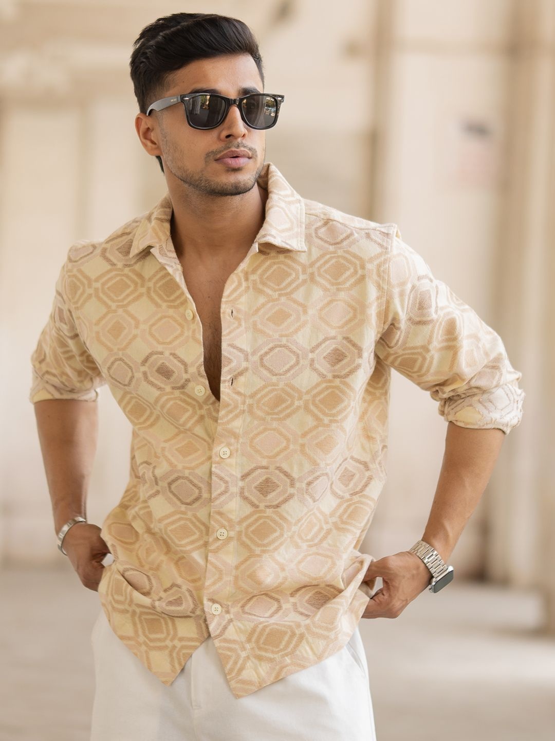 

Powerlook Men Spread Collar Geometric Printed Relaxed Fit Cotton Casual Shirt, Off white