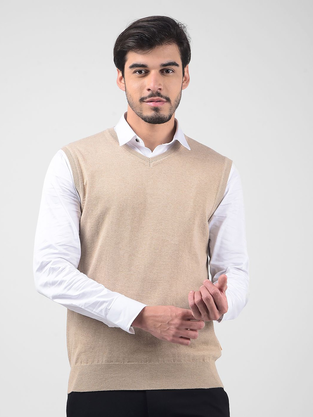 

Numero Uno Men Solid Cotton Sweater Vest, Beige