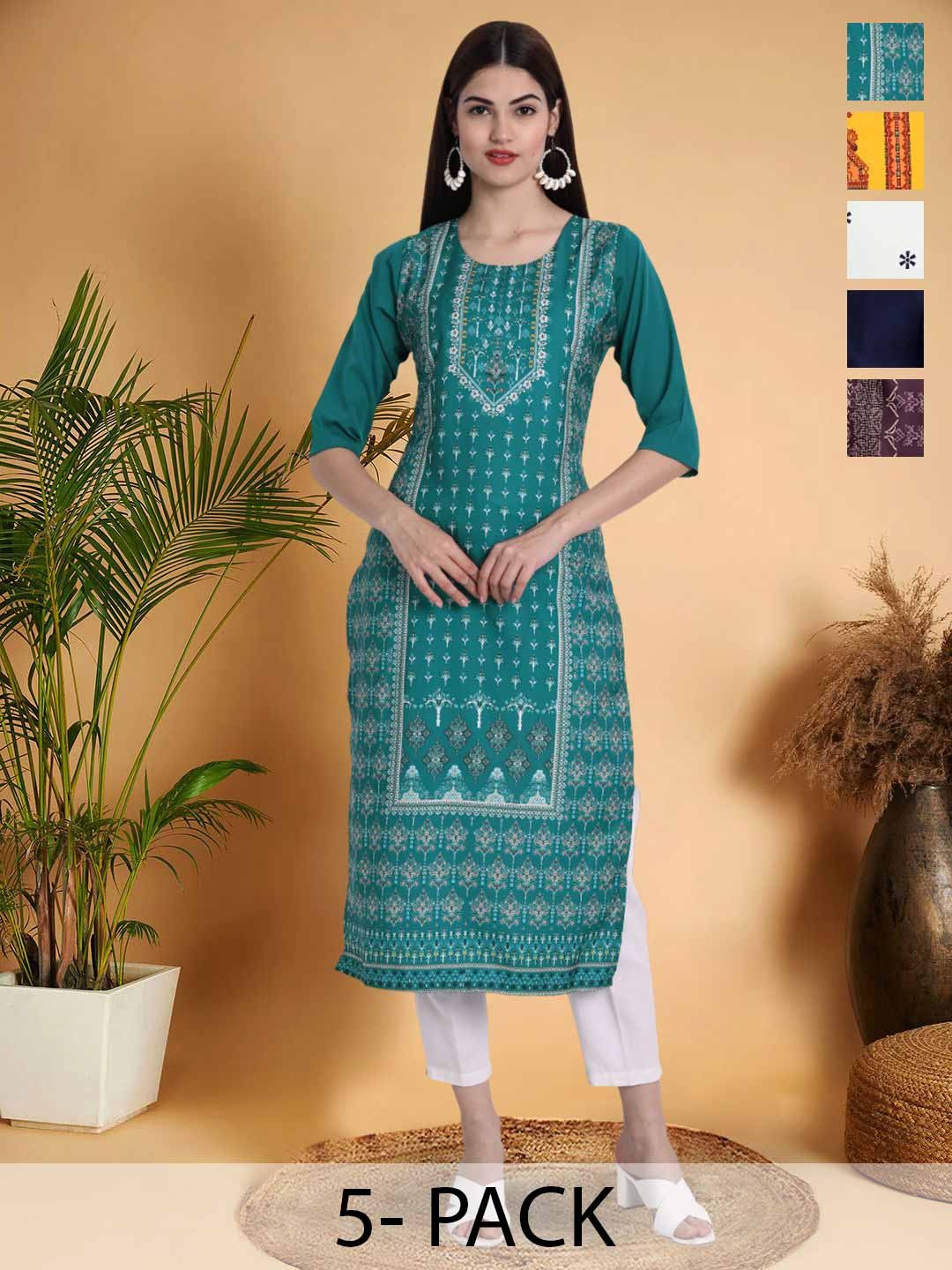 

7Threads Selection Of 5 Ethnic Motifs Printed Round Neck Kurtas, Teal