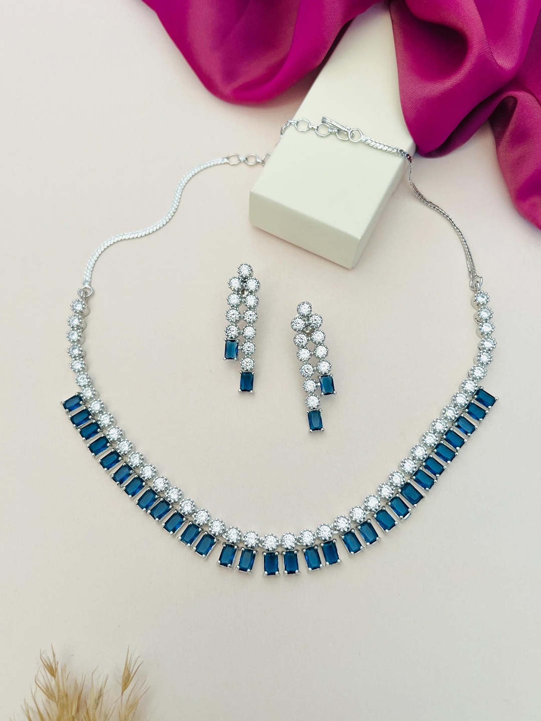 

ABDESIGNS Sliver Plated American Diamond Studded Jewellery Set, Silver