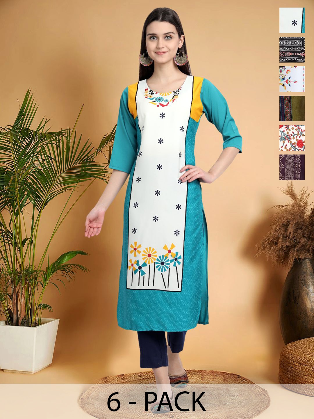 

7Threads Selection Of 6 Floral Printed Round Neck Straight Kurtas, Blue