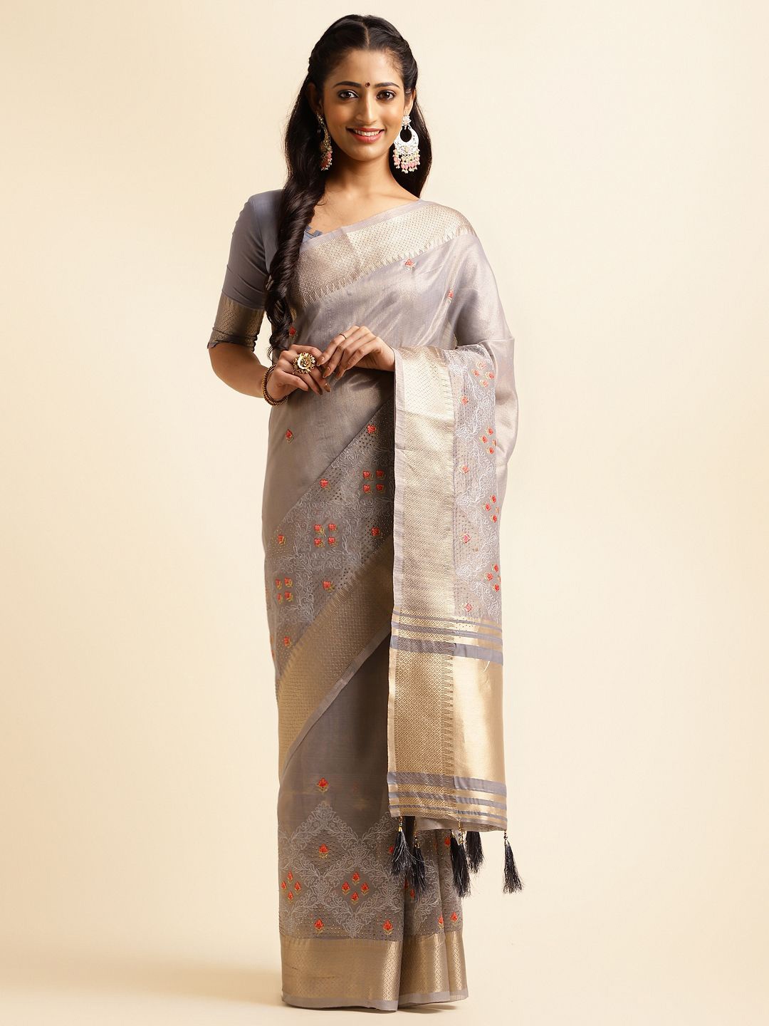 

A.V.M. SILK MILLS Ethnic Motifs Zari Pure Cotton Saree, Grey
