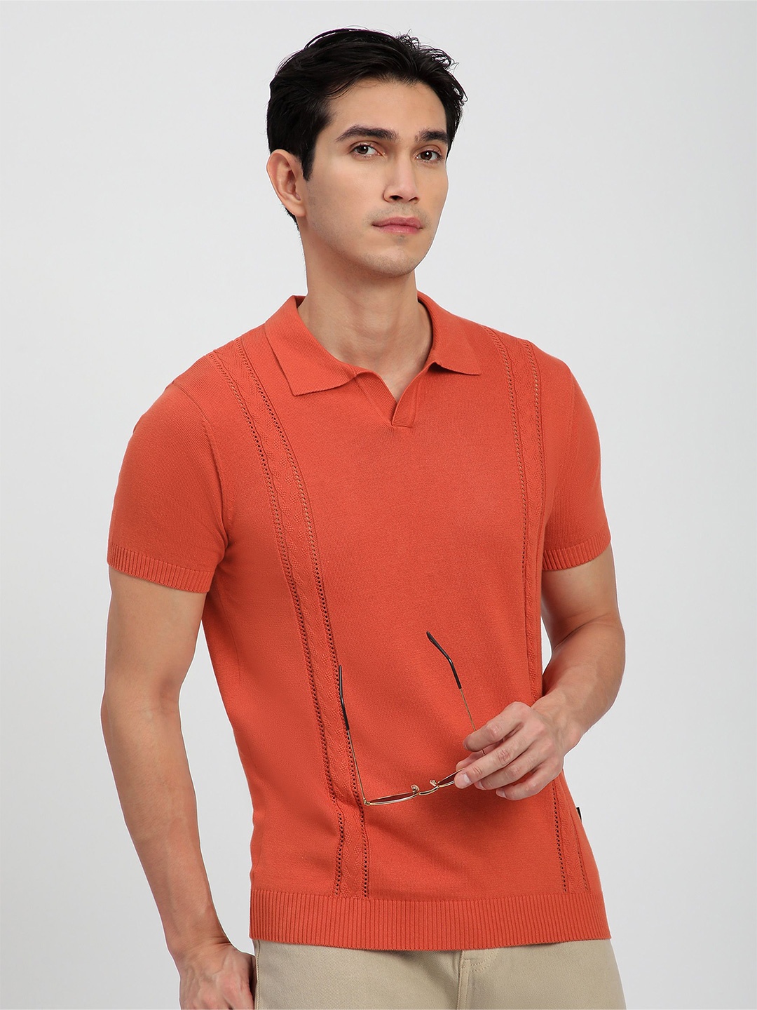 

Beyoung Men Solid Polo Collar Cotton T-shirt, Rust