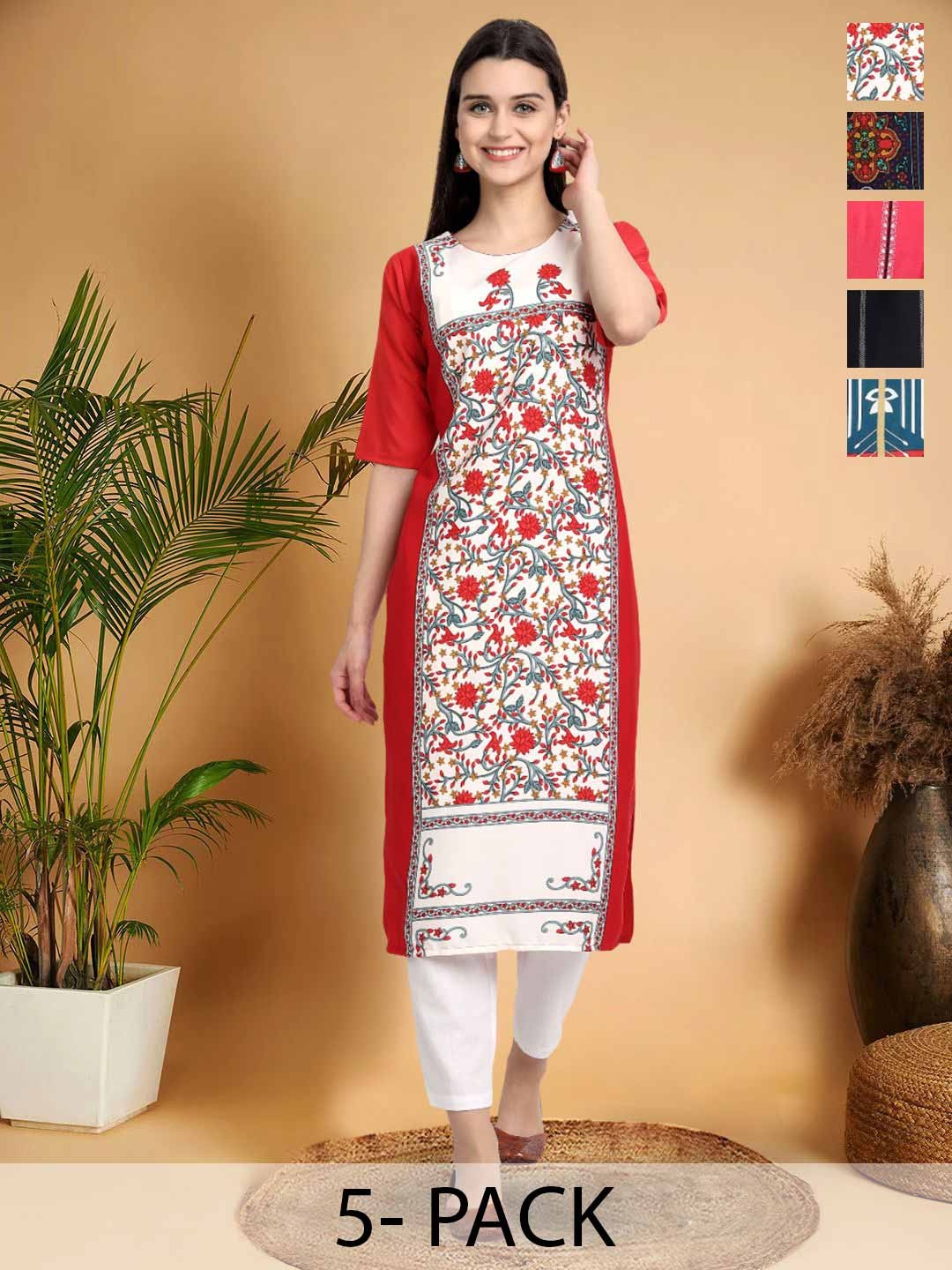 

7Threads Selection Of 5 Floral Printed Round Neck Straight Kurtas, Red