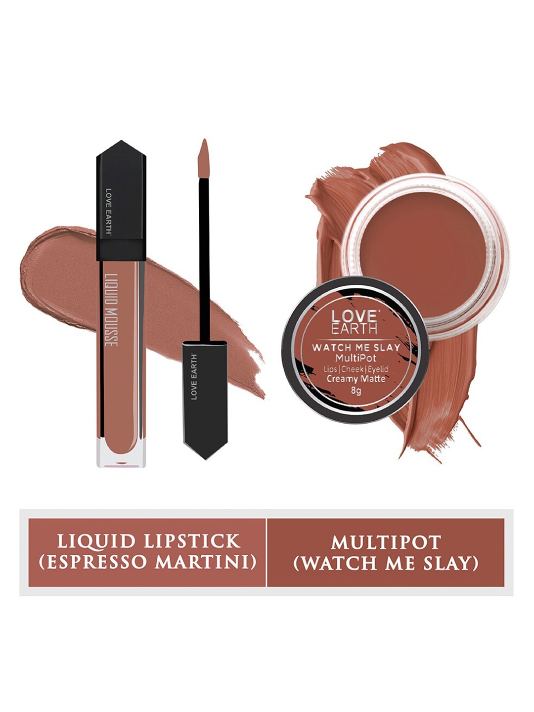 

LOVE EARTH Set of Liquid Mousse Matte Lipstick 6 ml + Watch Me Slay Multipot 8 g, Nude