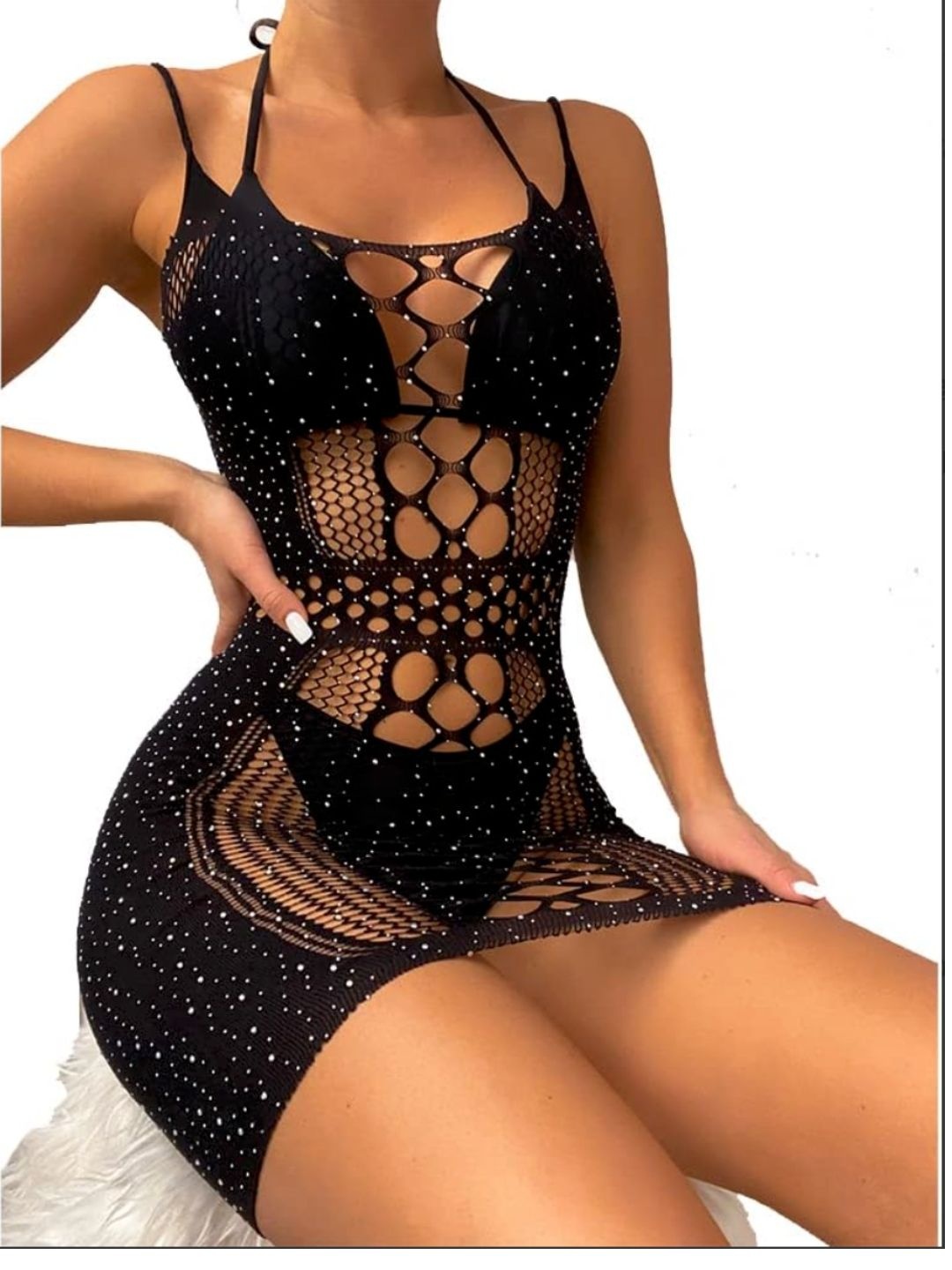 

Qenixo Sheer Fishnet Halter Neck Self Design Lace Baby Doll, Black