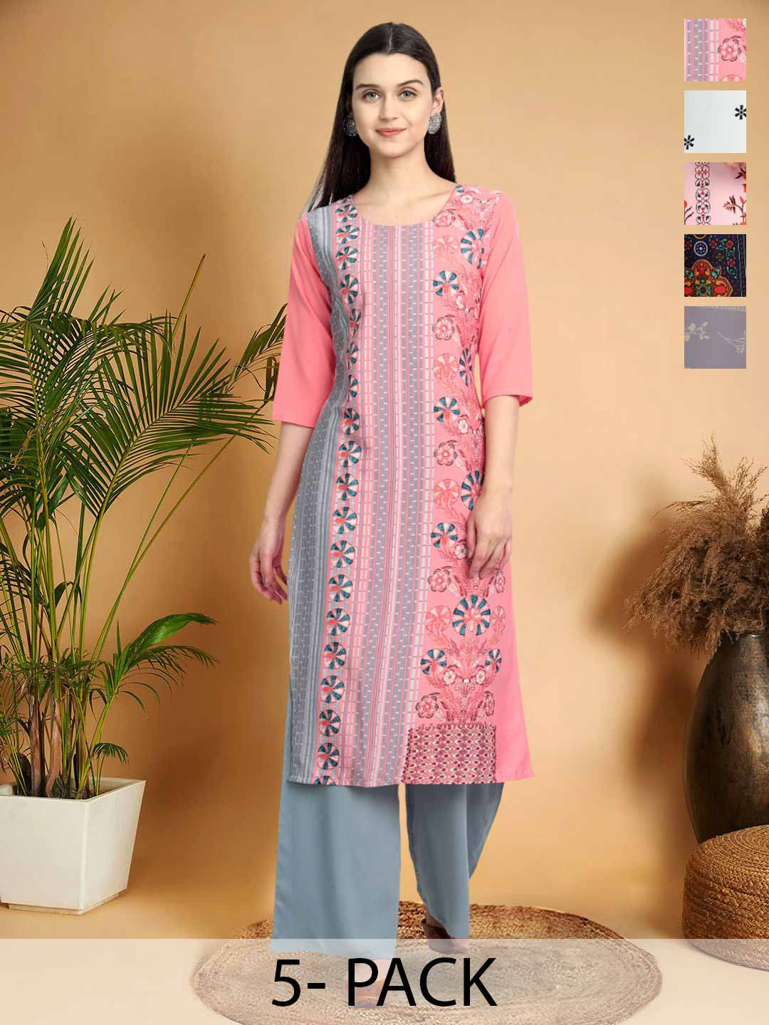 

7Threads Selection Of 5 Ethnic Motifs Printed Straight Kurtas, Pink