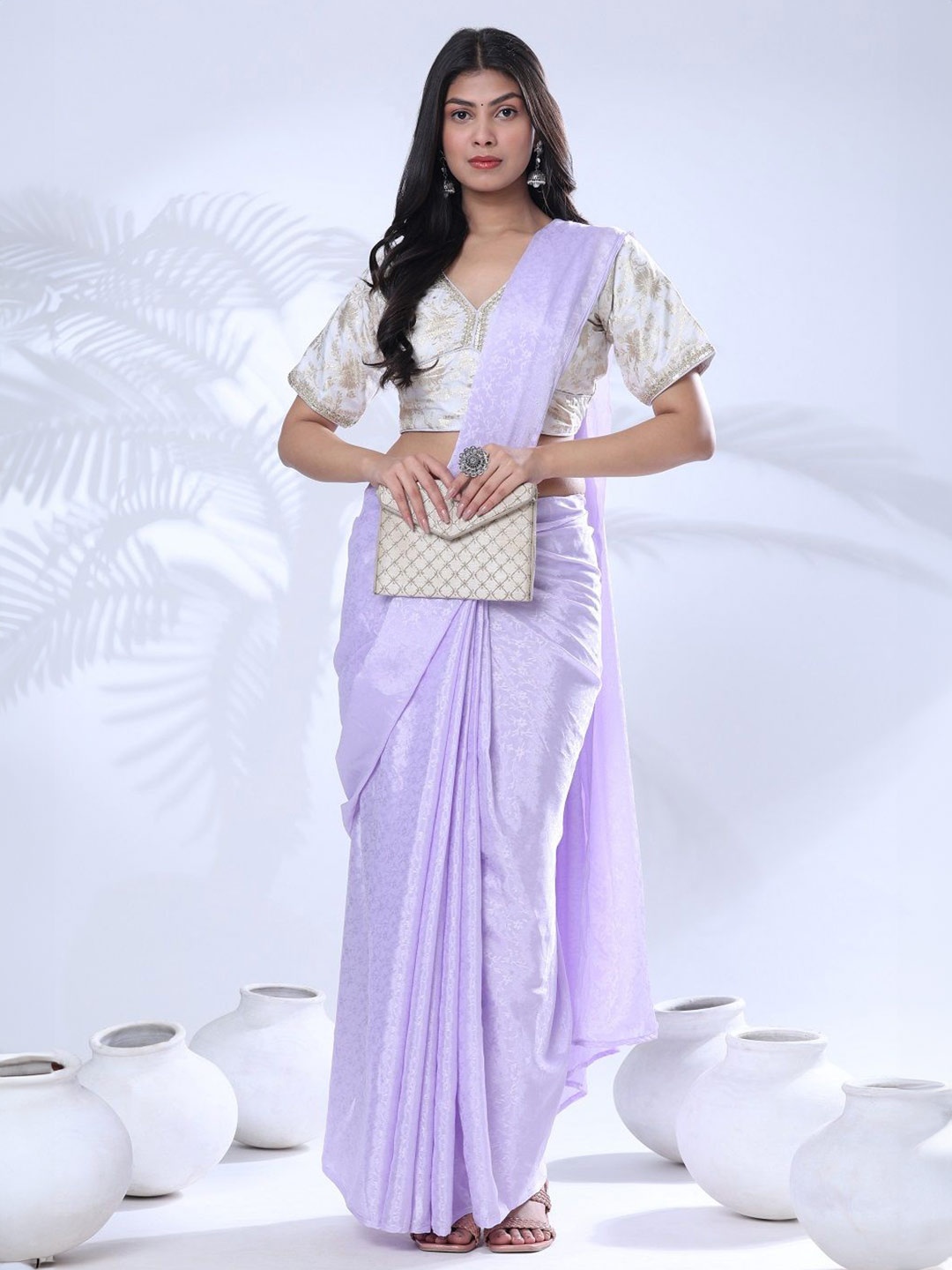 

Pionex Woven Design Zari Ready to Wear Saree, Lavender