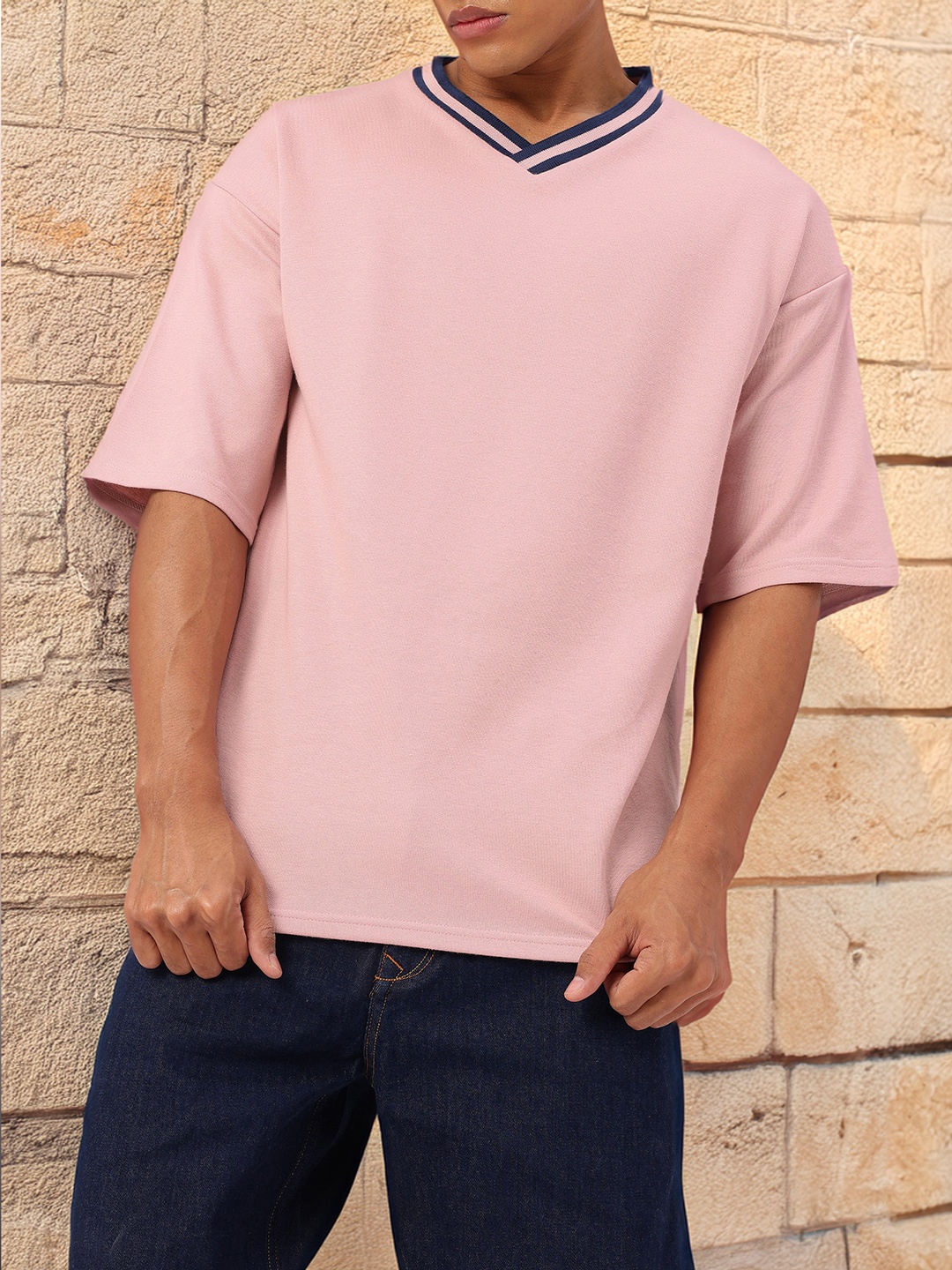 

Kook N Keech Roadway V-Neck Drop-Shoulder Oversized T-shirt, Mauve