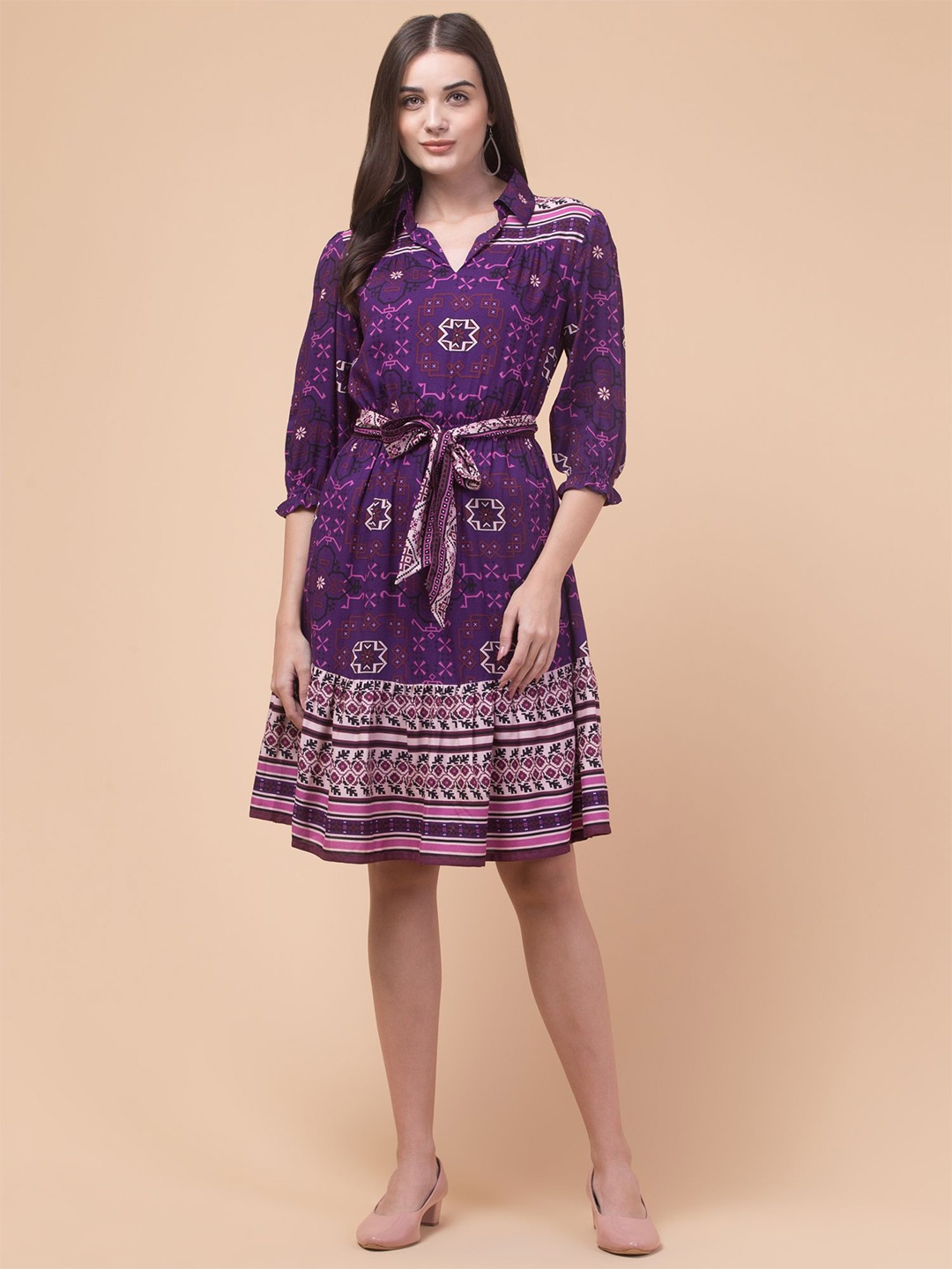 

Hive91 Shirt Collar Printed Fit and Flare Dress, Purple