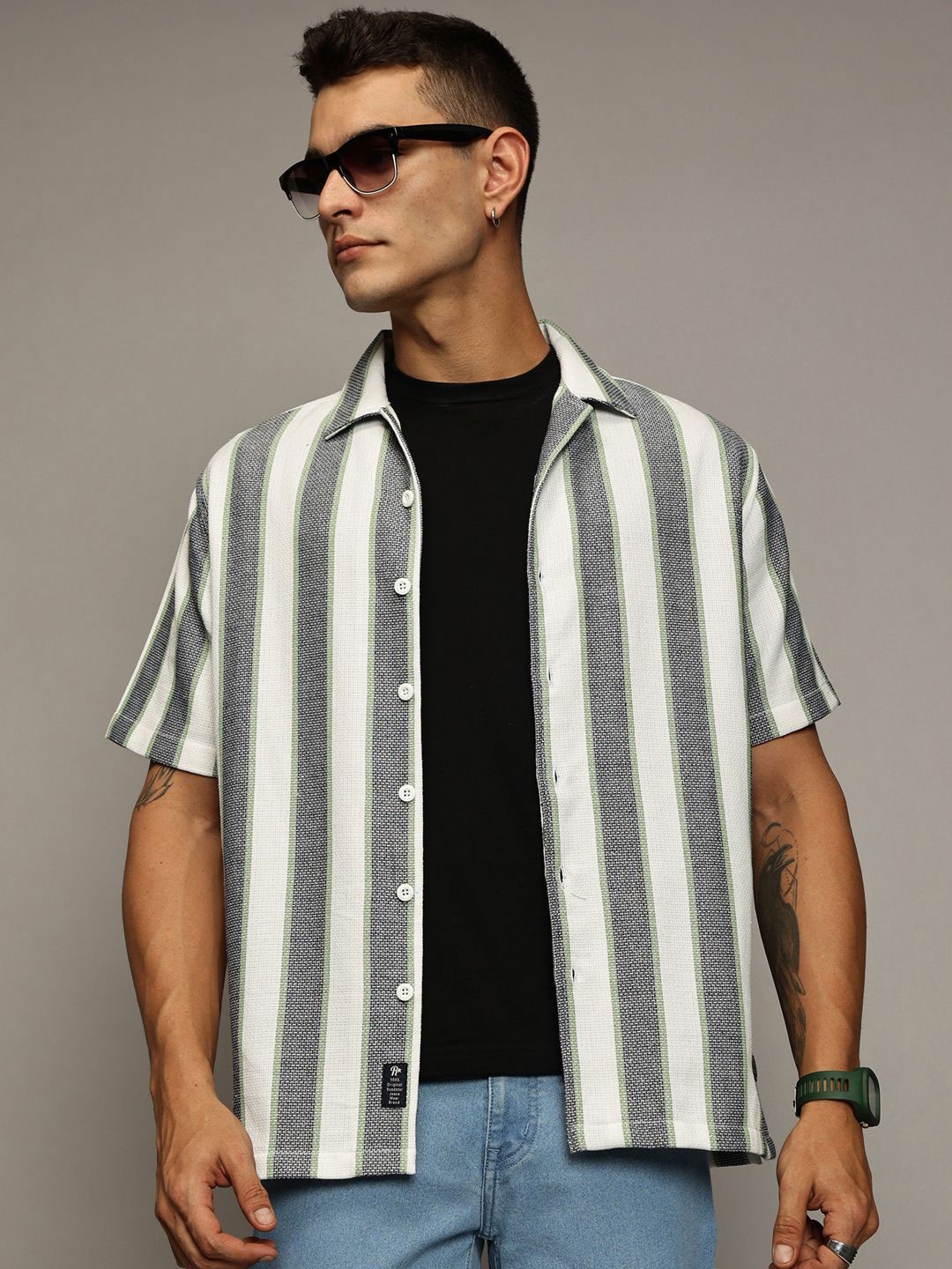 

The Roadster Lifestyle Co. Men Premium Relaxed Fit Vertical Striped Cotton Casual Shirt, Off white