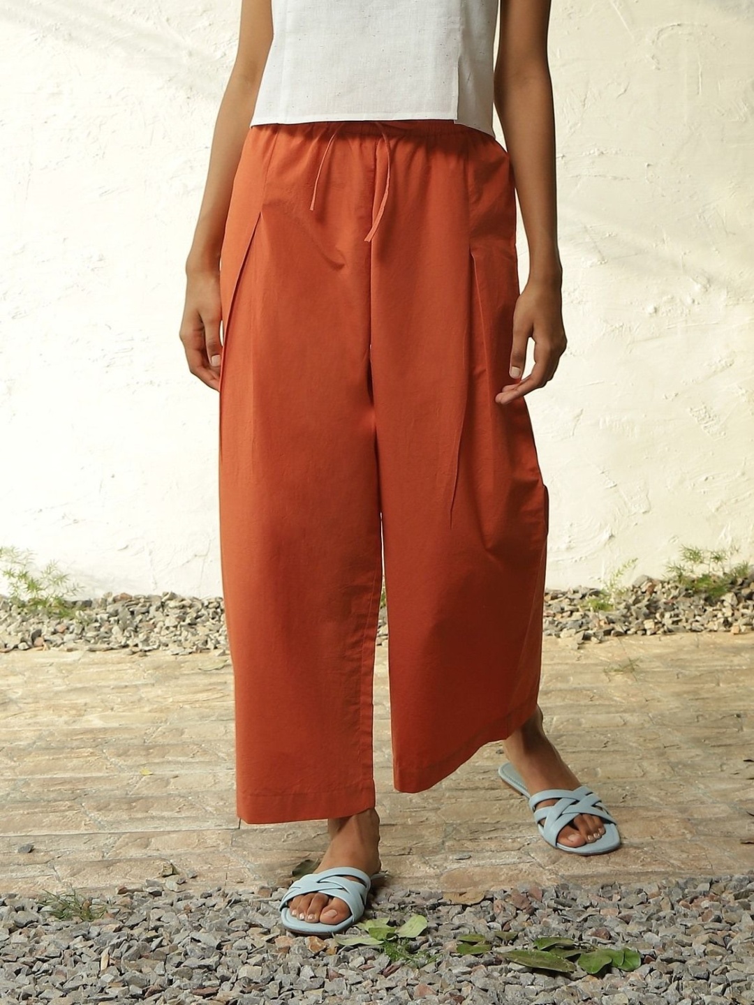 

Canoopi Women Relaxed Straight Leg High-Rise Easy Wash Pleated Cotton Wide Leg Trousers, Orange