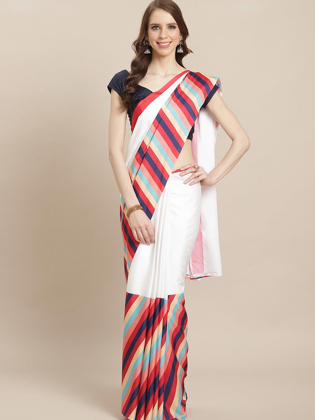 

Peachmode Striped Pure Crepe Saree, White