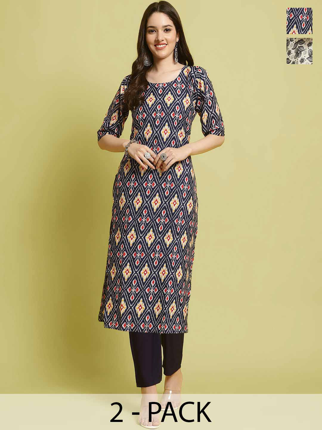 

7Threads Selection Of 2 Ethnic Motifs Printed Round Neck Straight Kurta With Trousers, Black
