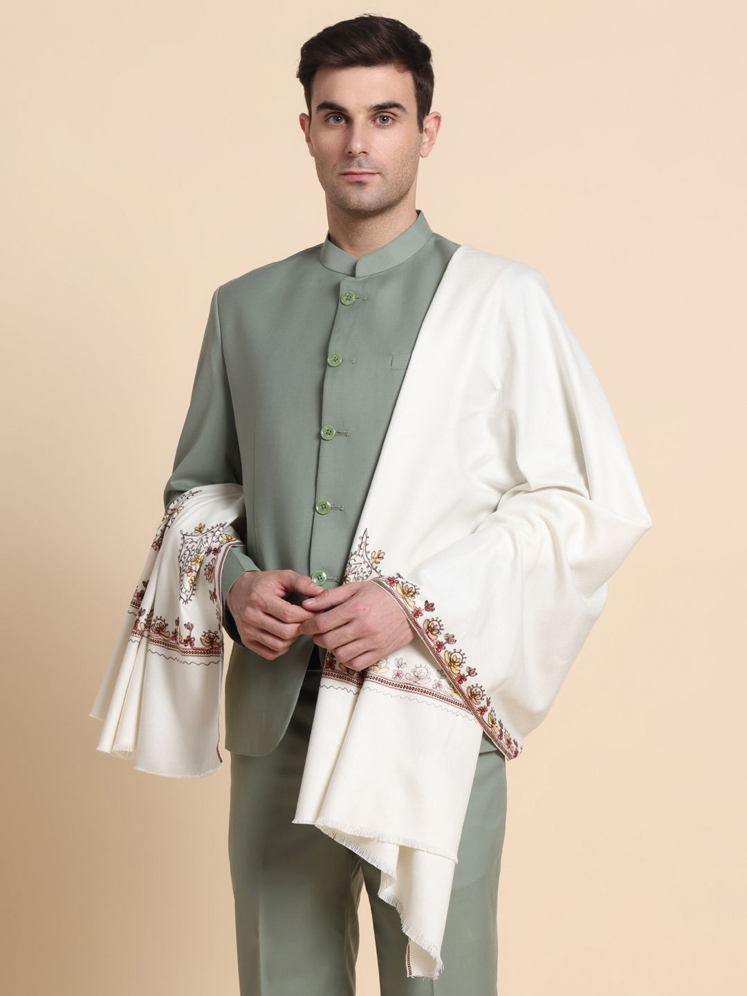 

WEAVERS VILLA Men Floral Embroidered Shawl, Cream