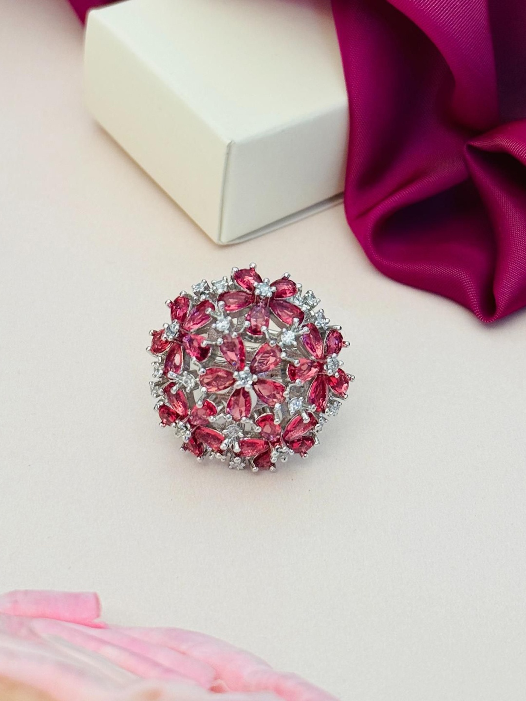 

ABDESIGNS Exquisite Silver Plated American Diamond Stone Studded Ring