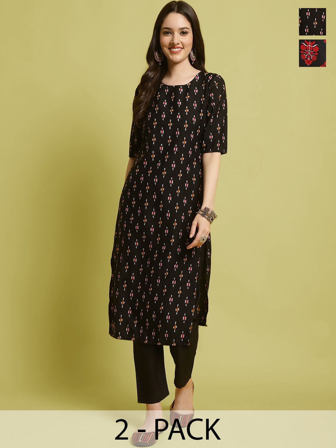 

7Threads Selection Of 2 Geometric Printed Round Neck Straight Kurta With Trousers, Black