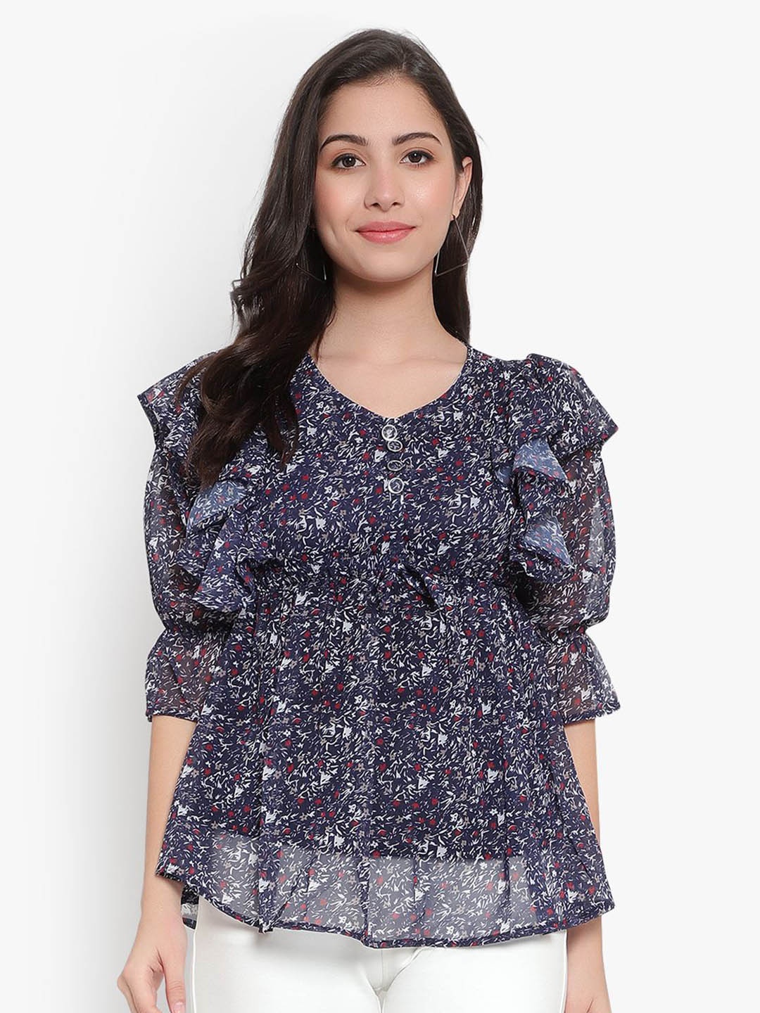 

Moda Rapido Floral Print Bell Sleeve Ruffles Cinched Waist Top, Navy blue