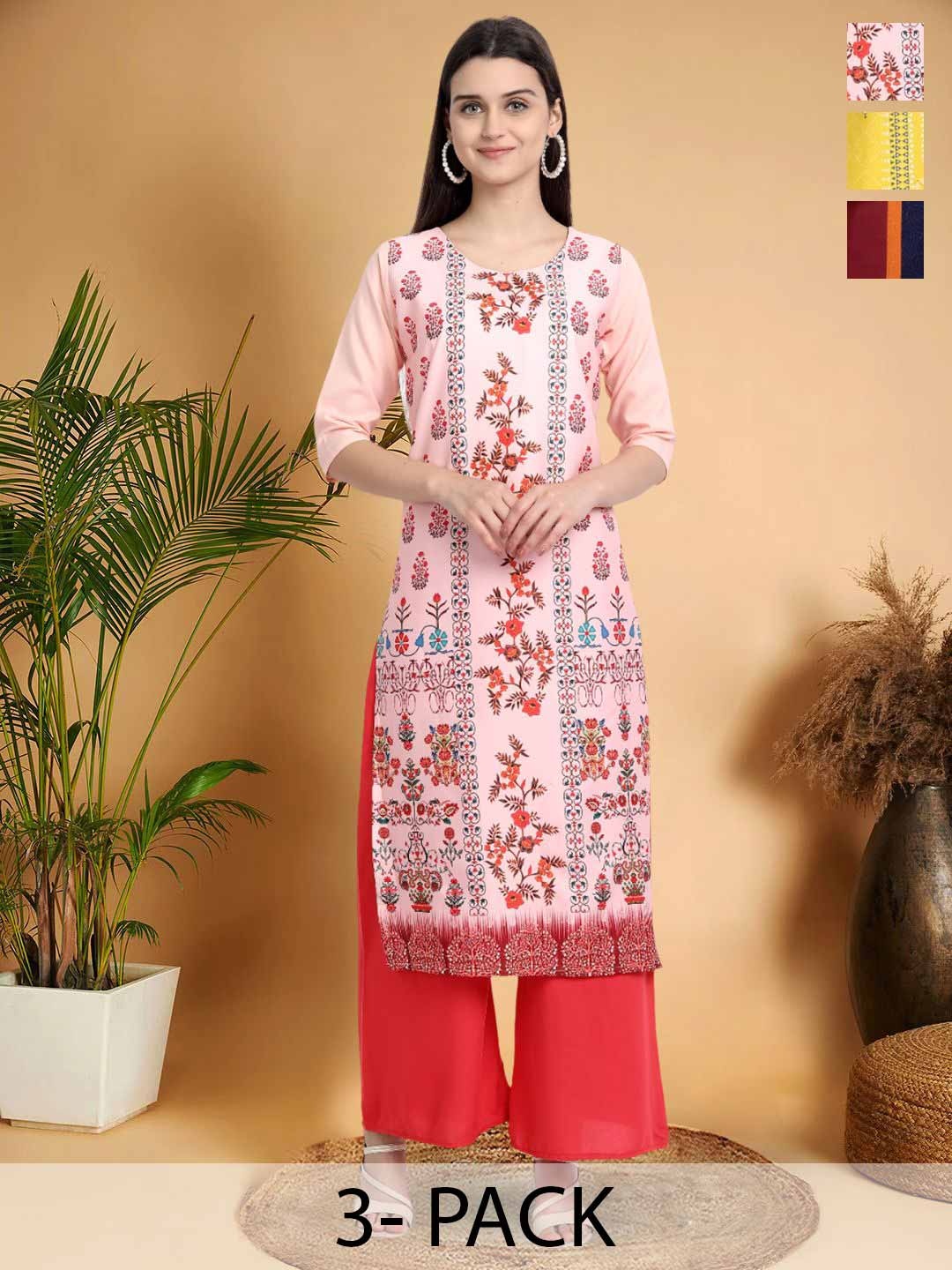 

7Threads Selection Of 3 Floral Printed Round Neck Straight Kurtas, Pink