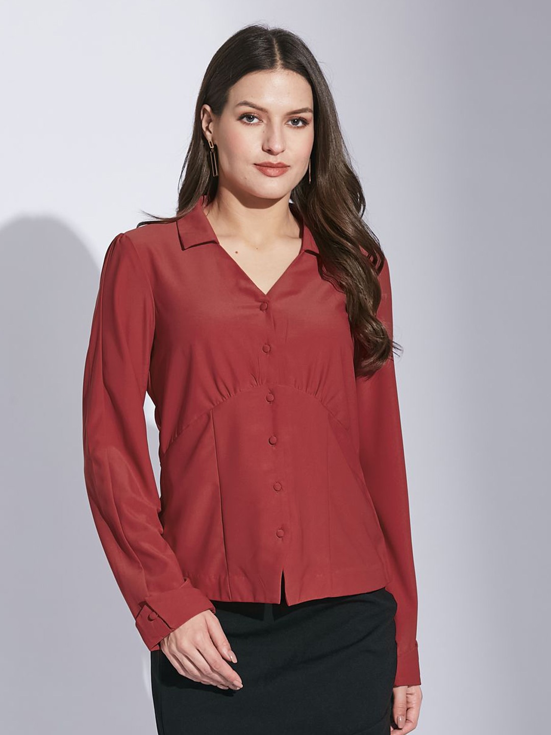 

Latin Quarters Women New Fit Solid Long Sleeves Casual Shirt, Red