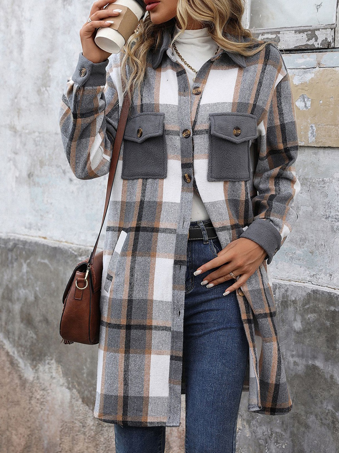 

DressBerry Checked Longline Shirt Style Top, Grey