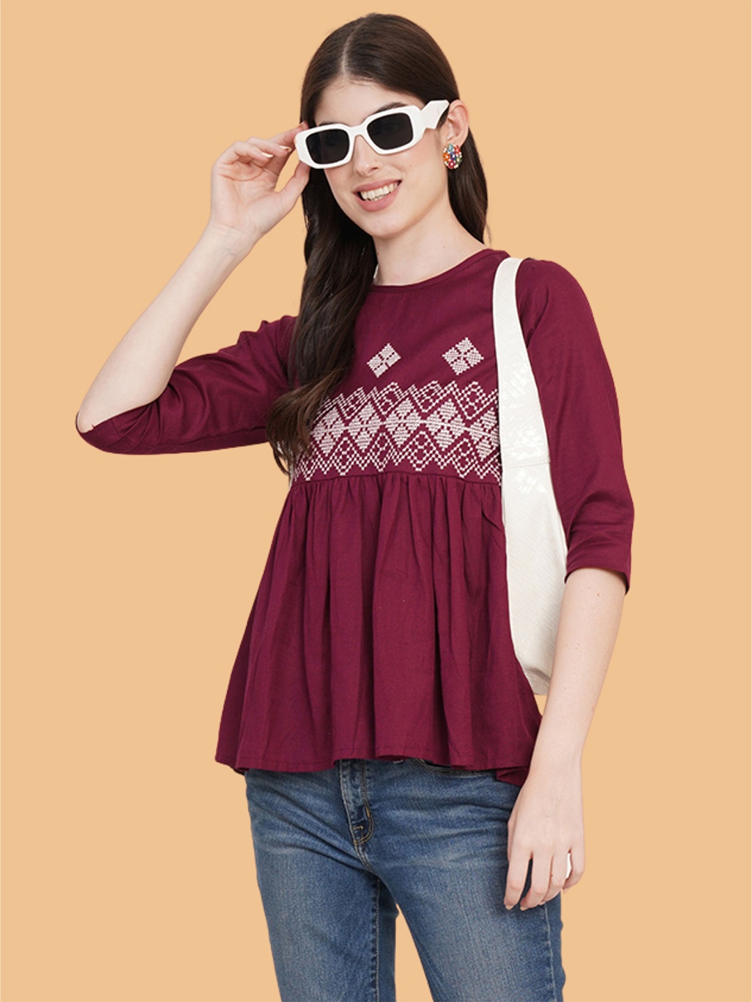 

Brownverse Embellished Embroidered Sweetheart Neck Cotton Top, Maroon