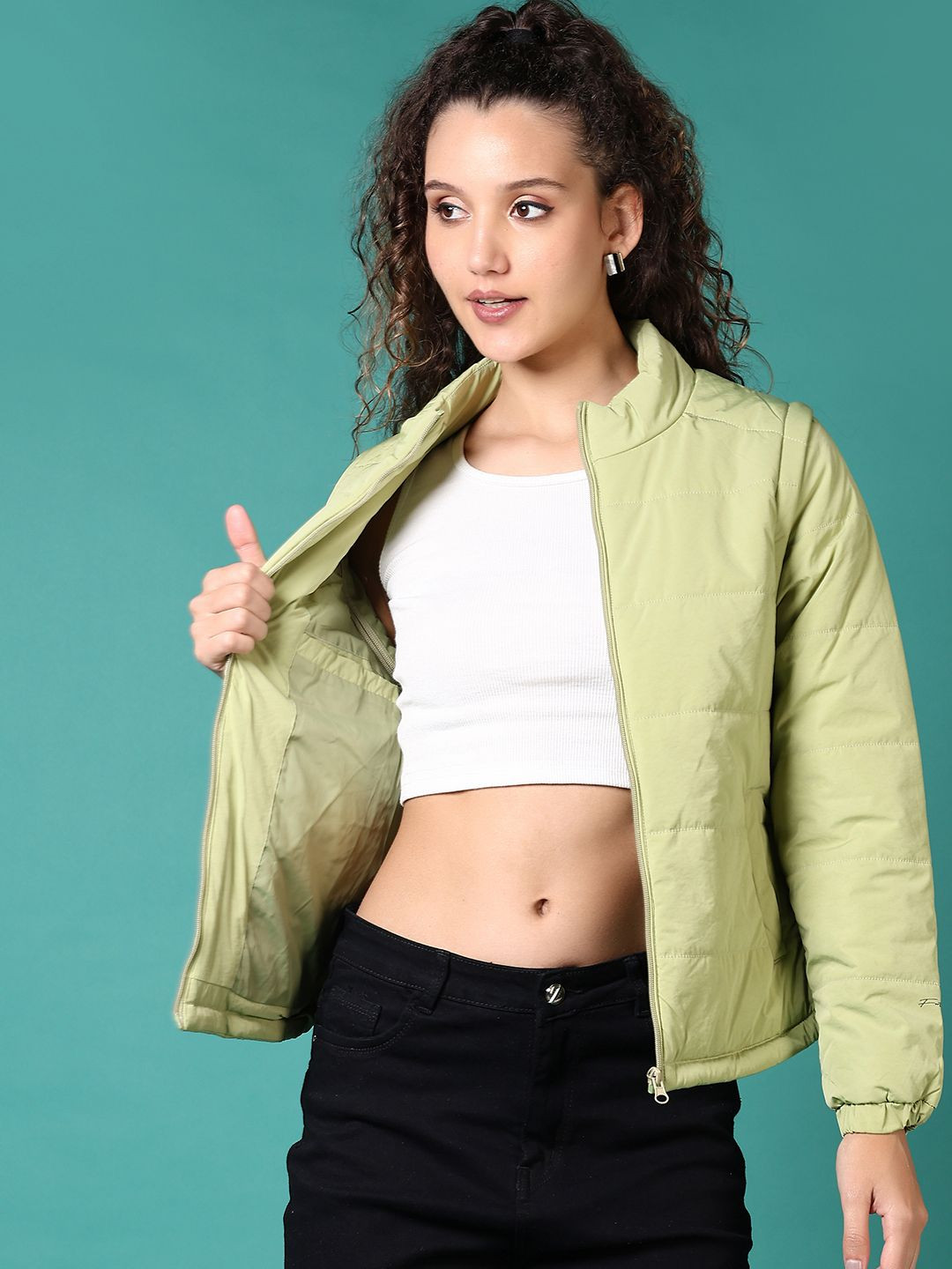 

V-Mart Women Mock Collar Solid Cotton Casual Padded Jacket, Green