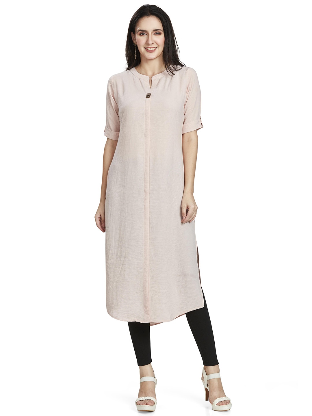 

Nioni Mandarin Collar Cuff Sleeves Crepe Kurta, Peach