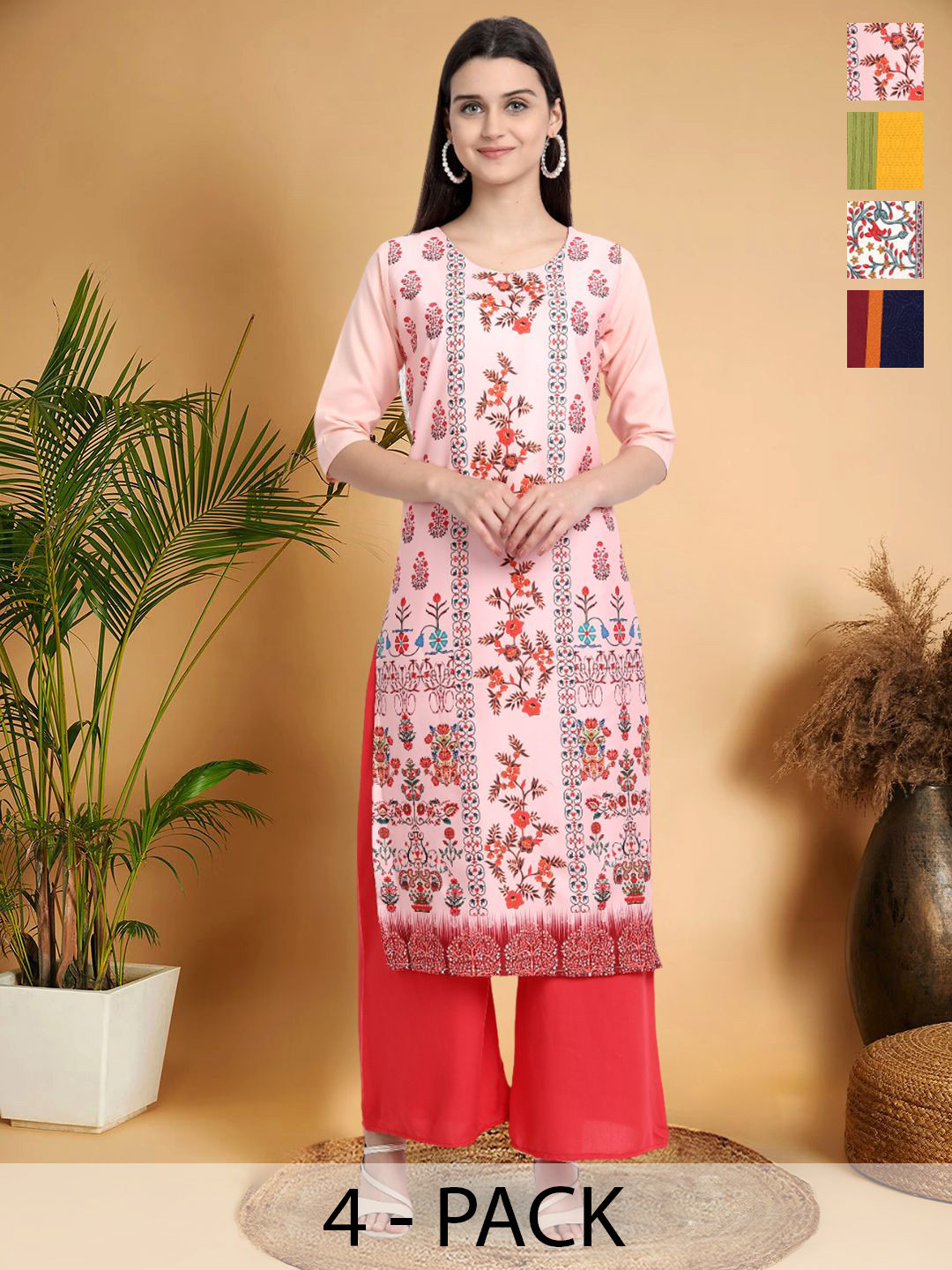 

7Threads Selection Of 4 Floral Printed Straight Kurtas, Pink
