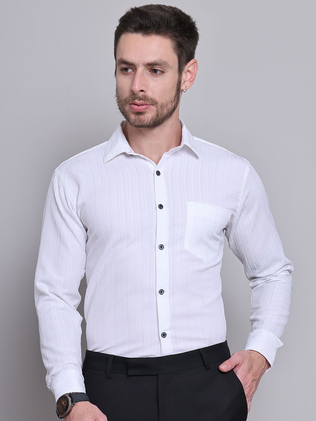 

Majestic Man Comfort Slim Fit Spread Collar Textured Casual Shirt, White