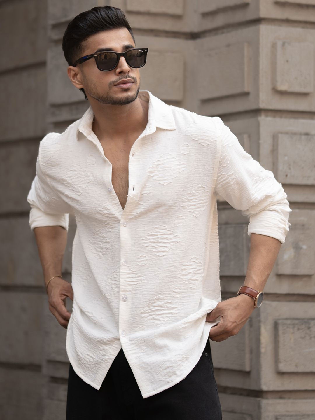 

Powerlook Men Spread Collar Textured Casual Shirt, Off white