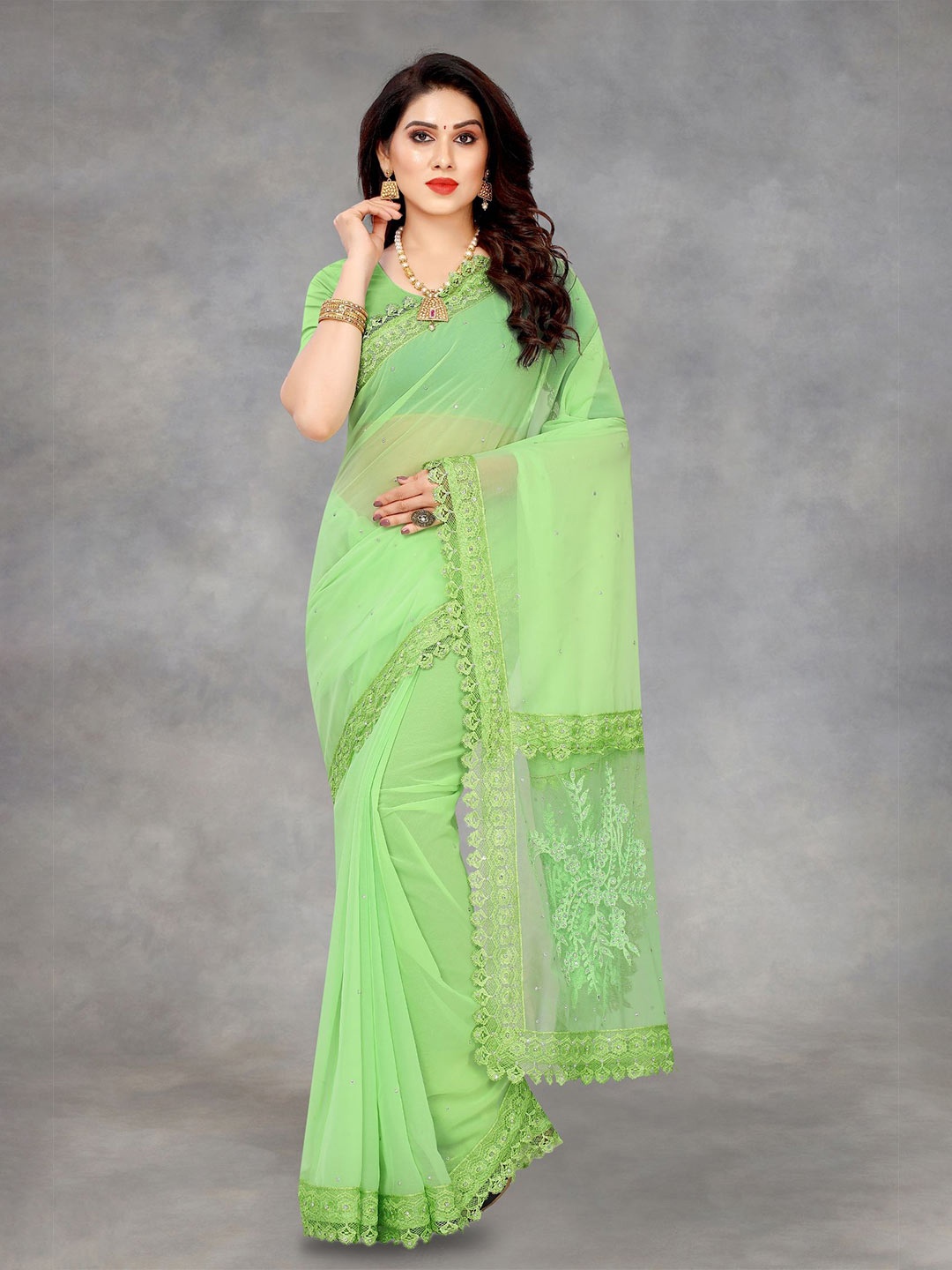 

A TO Z CART Embellished Embroidered Pure Georgette Saree, Green